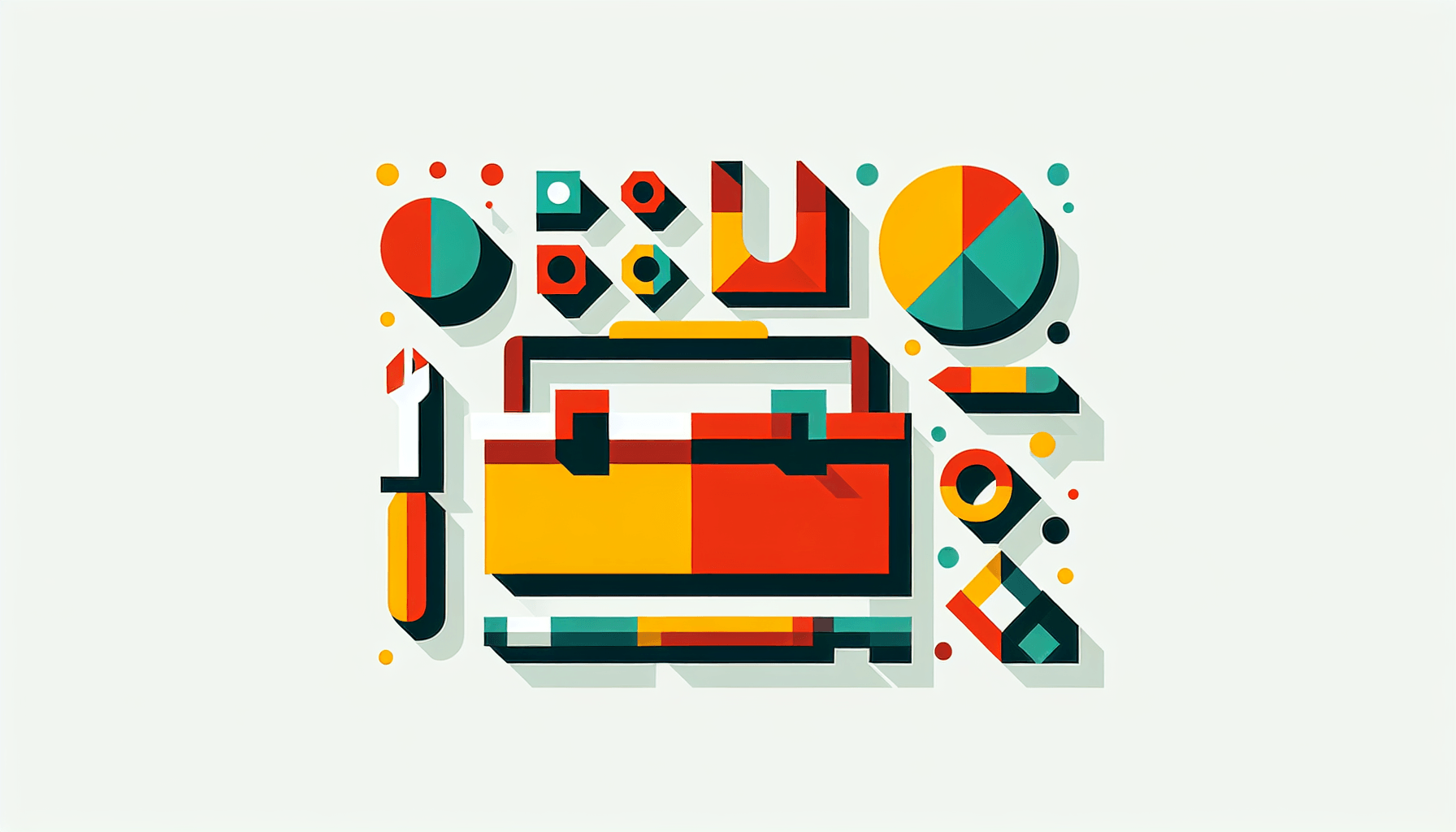 Toolbox in flat illustration style and white background, red #f47574, green #88c7a8, yellow #fcc44b, and blue #645bc8 colors.