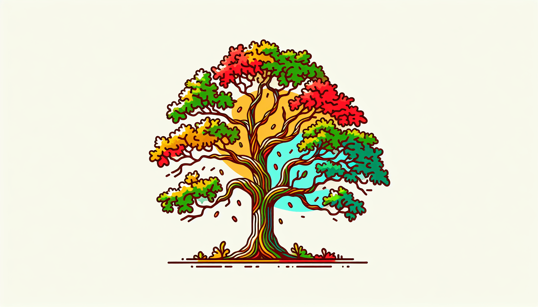 Oak tree in flat illustration style and white background, red #f47574, green #88c7a8, yellow #fcc44b, and blue #645bc8 colors.
