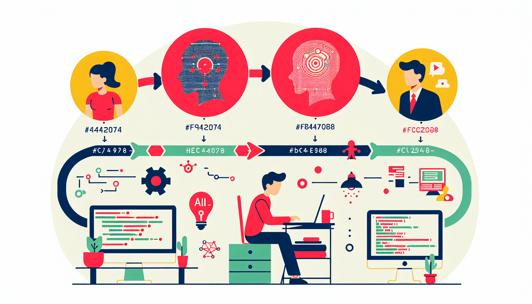 How to become an AI agent? in flat illustration style and white background, red #f47574, green #88c7a8, yellow #fcc44b, and blue #645bc8 colors.