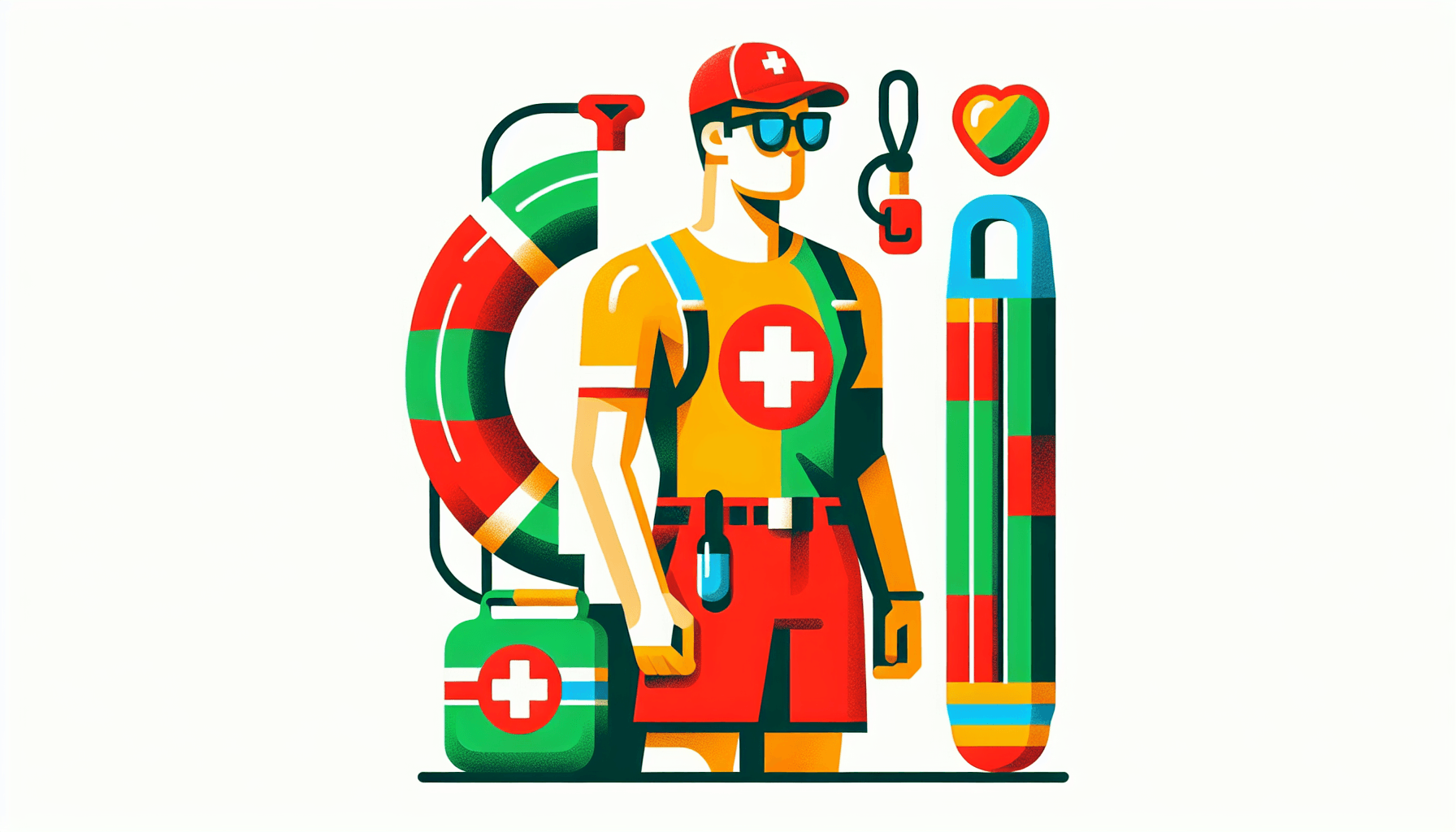Lifeguard in flat illustration style and white background, red #f47574, green #88c7a8, yellow #fcc44b, and blue #645bc8 colors.