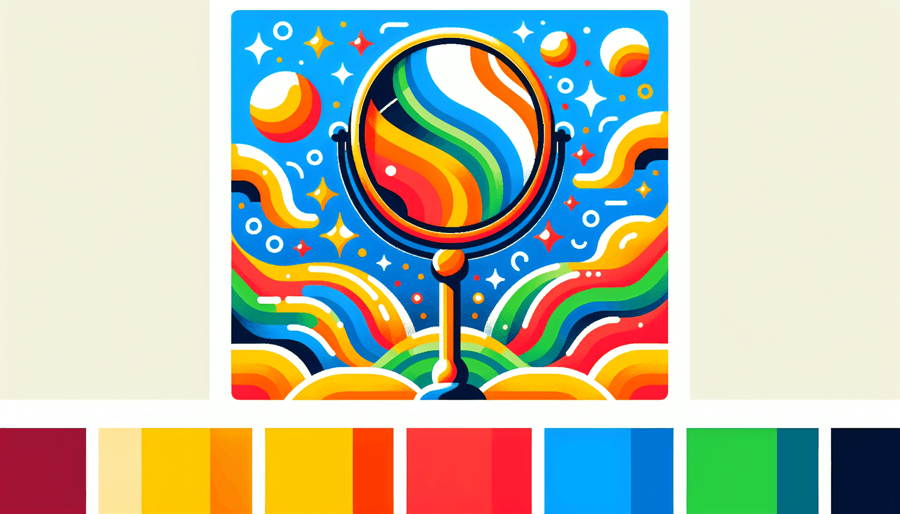 Awareness -> Mirror in flat illustration style and white background, red #f47574, green #88c7a8, yellow #fcc44b, and blue #645bc8 colors.