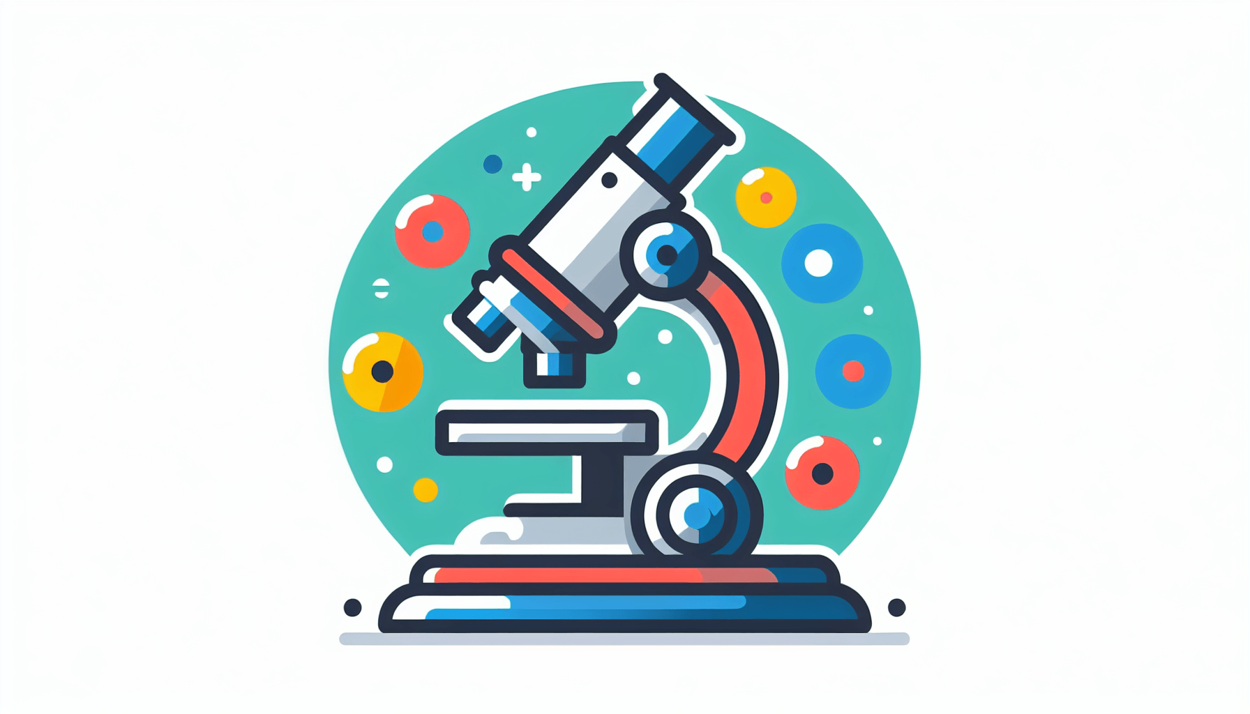 Microscope in flat illustration style and white background, red #f47574, green #88c7a8, yellow #fcc44b, and blue #645bc8 colors.