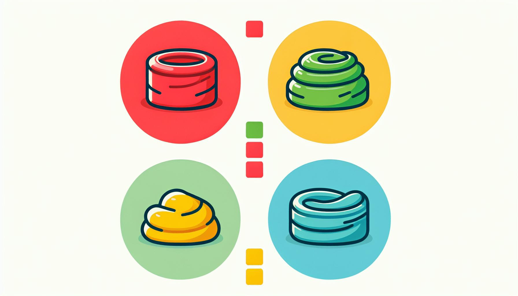 Playdough in flat illustration style and white background, red #f47574, green #88c7a8, yellow #fcc44b, and blue #645bc8 colors.