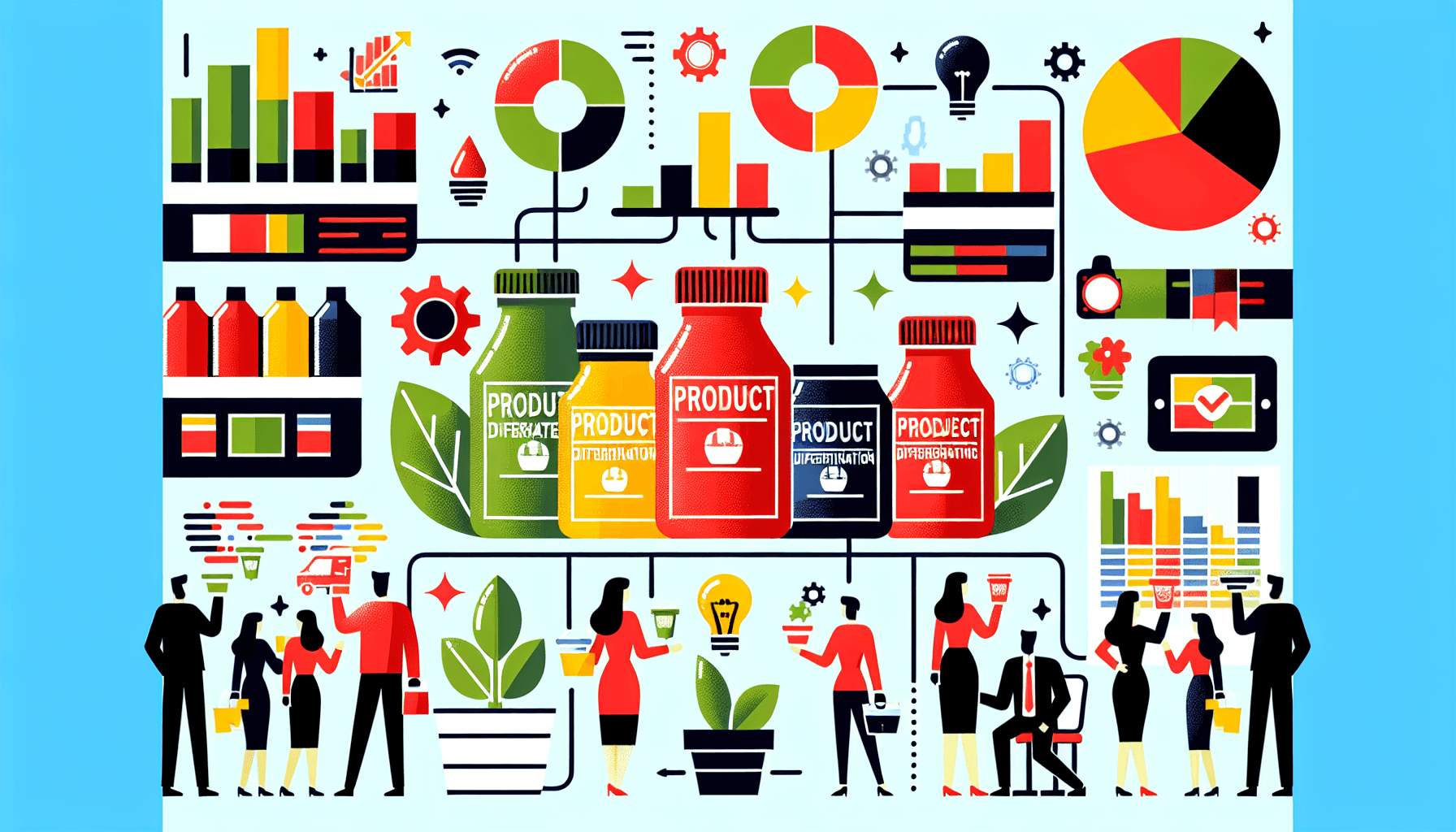 Product differentiation business performance in flat illustration style and white background, red #f47574, green #88c7a8, yellow #fcc44b, and blue #645bc8 colors.