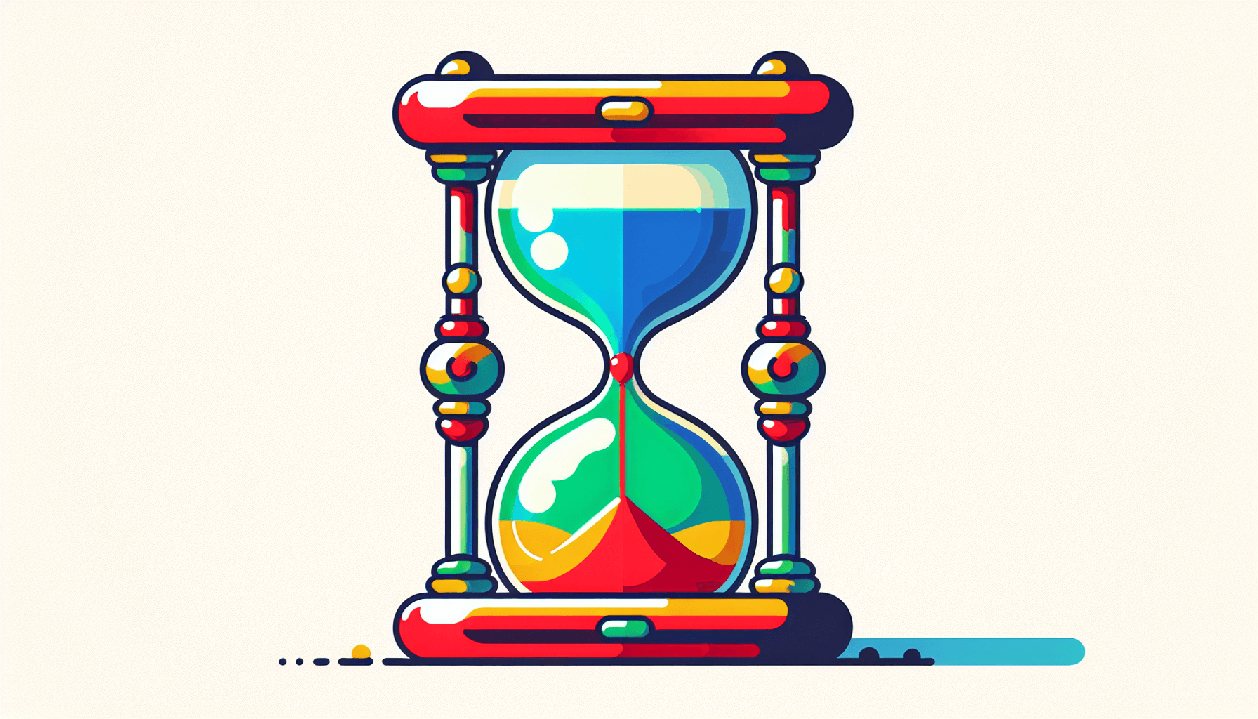 Hourglass in flat illustration style and white background, red #f47574, green #88c7a8, yellow #fcc44b, and blue #645bc8 colors.